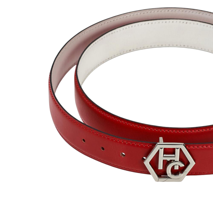 Edge stitching detail on women's reversible design leather belt - red - Hedonist Chicago