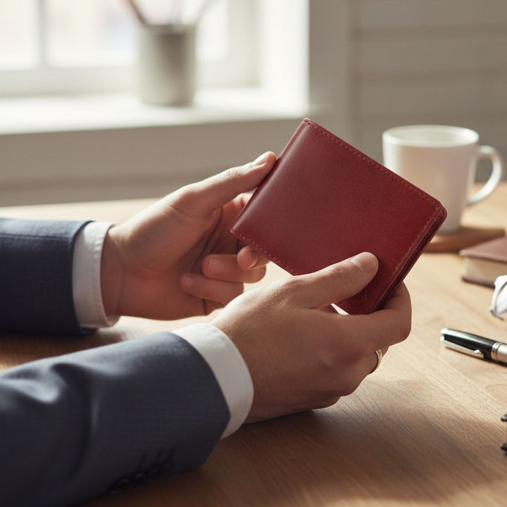 Person holding a red wallet on a wooden table with a blurred background