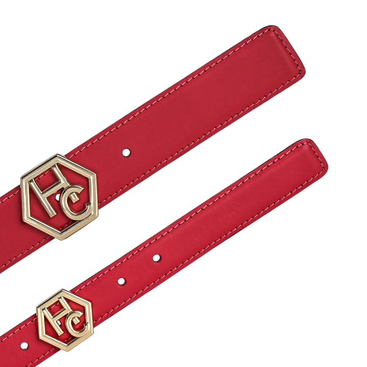 Buckle close-up on women's signature detail belt - red - Hedonist Chicago - close-up view
