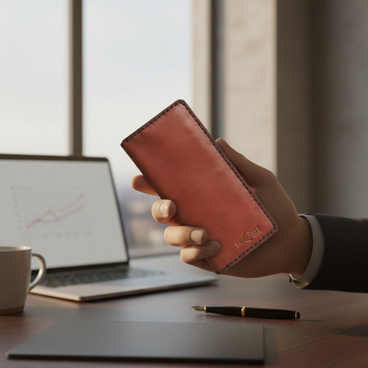 A hand holding a reddish-brown leather wallet or card holder in front of a blurred office 