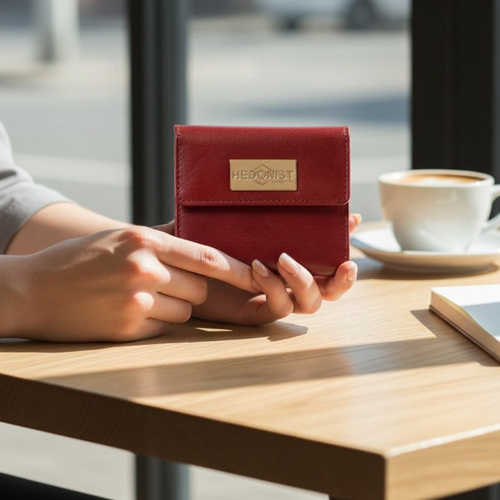 Red wallet with a brand logo held by hands on a wooden table with a blurred background
