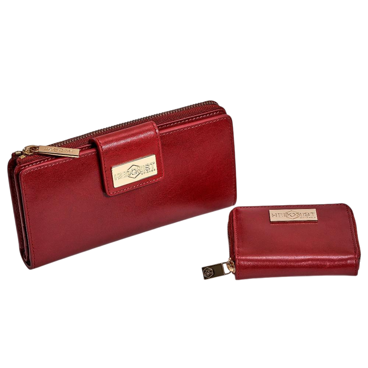 Compact zip wallet and traveler wallet red leather gift set - Hedonist Chicago