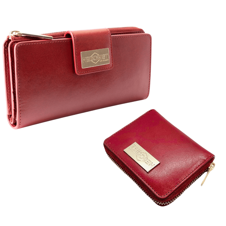 Compact zip wallet and traveler wallet red leather gift set view 2 - Hedonist Chicago