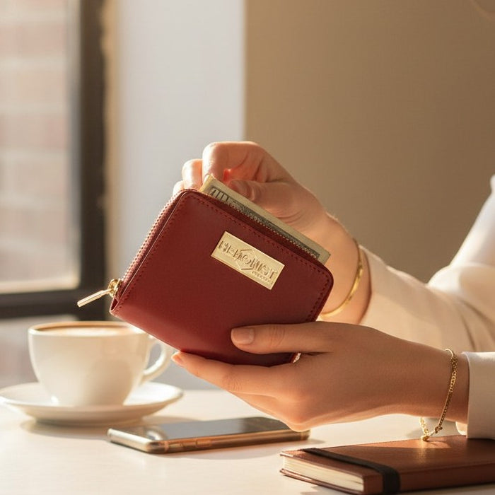 Small Red Zip-Around Leather Wallet for Women