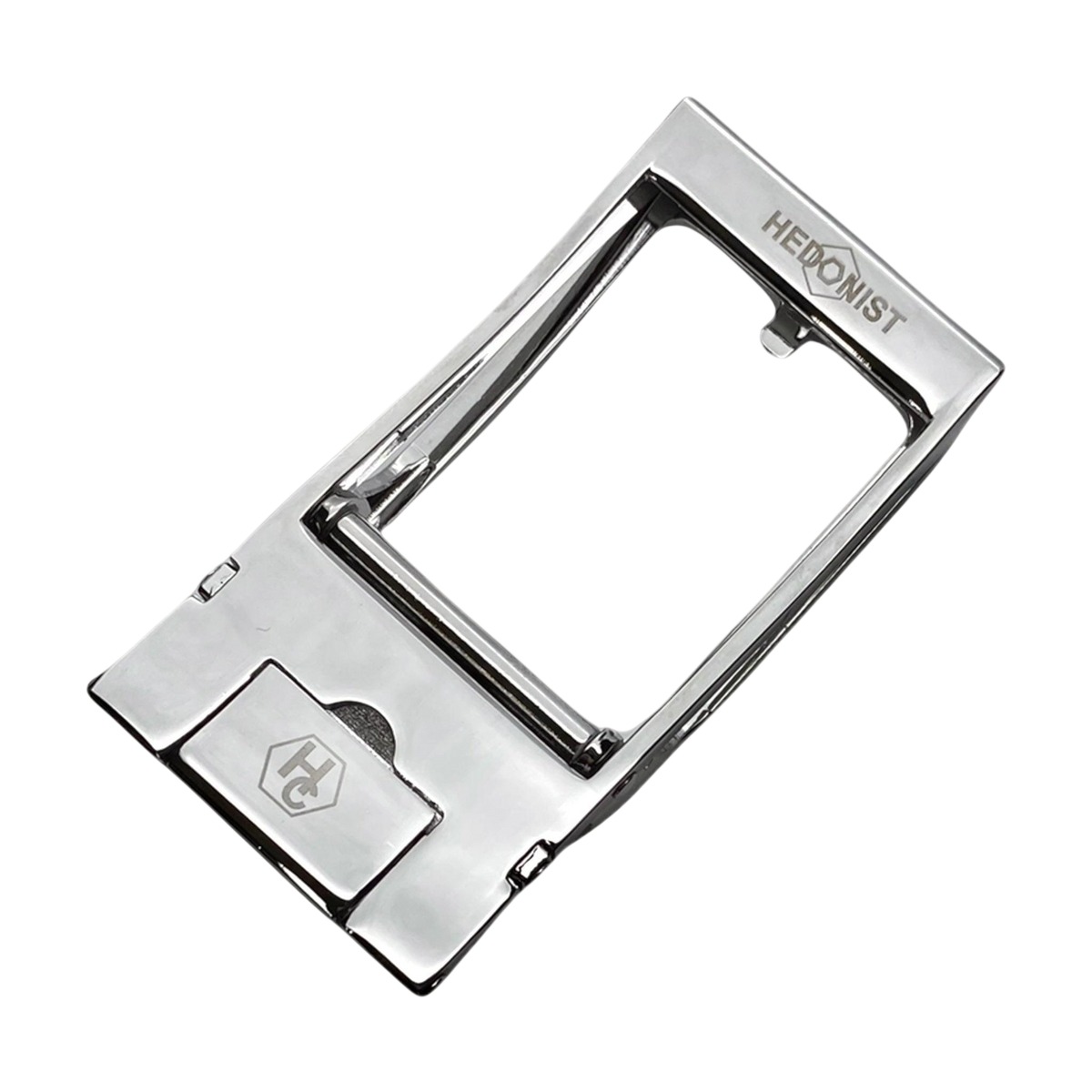 Steel ratchet buckle 1.38 inch back locking system closeup | Hedonist Chicago