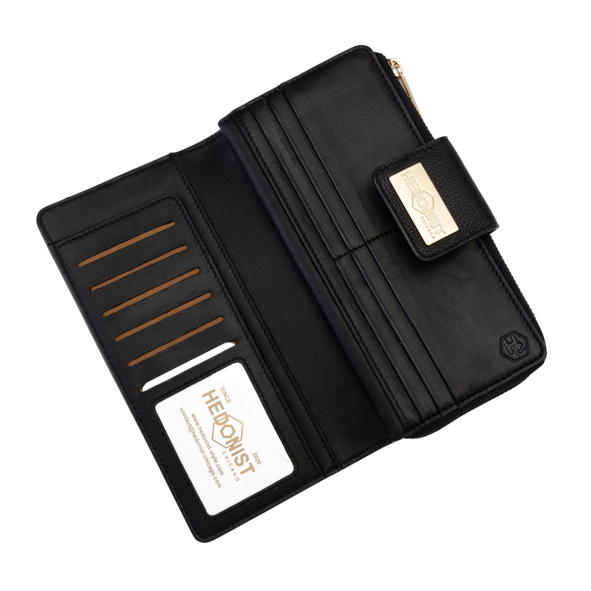 Interior view of women's leather travel wallet with organized compartments