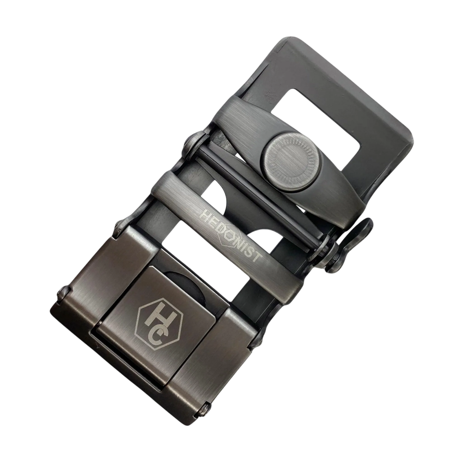 Washed metallic ratchet buckle 1.38 inch back locking view | Hedonist Chicago