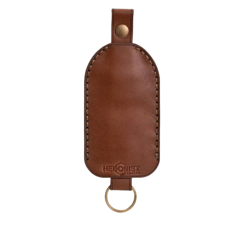 Hedonist Chicago whisky key chain in whisky, slim profile, full grain leather, product view