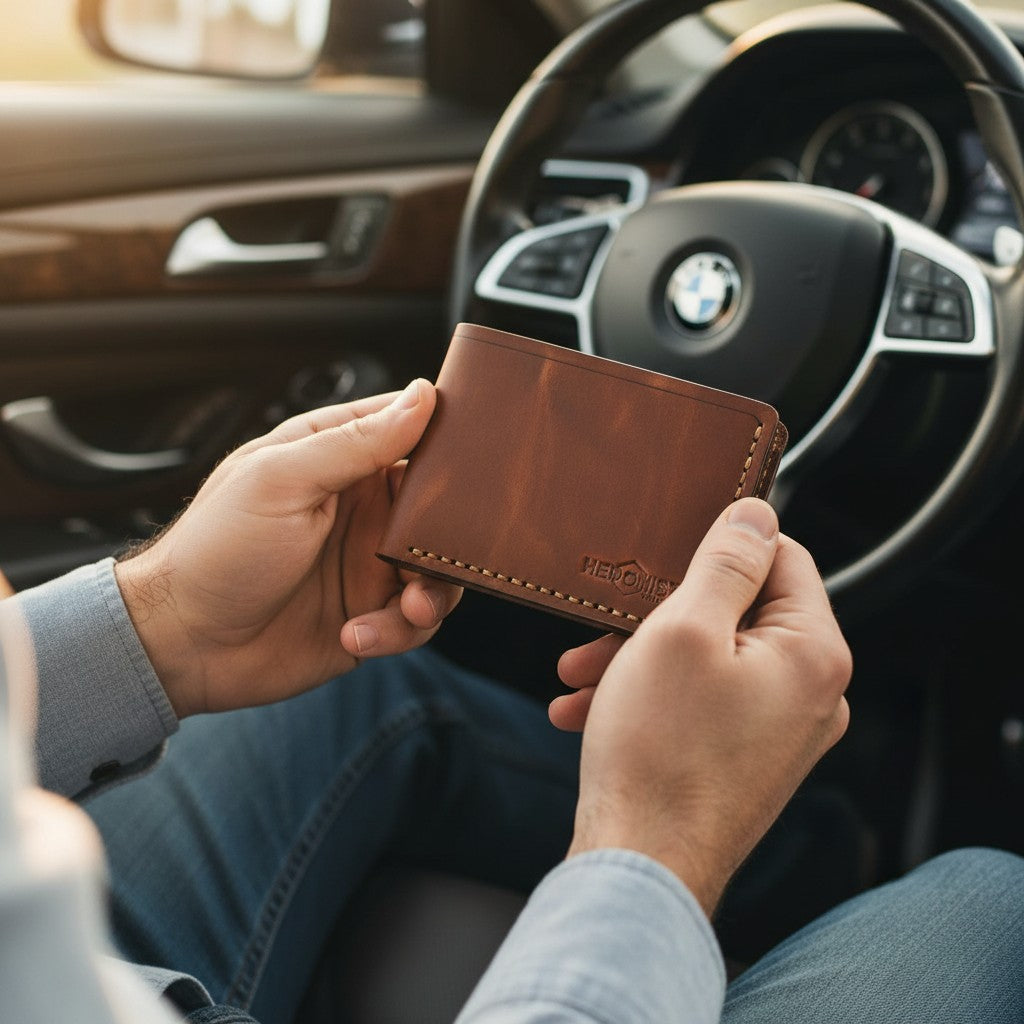 A person sitting in a car holds a brown leather bifold handmade wallet with visible stitching and an embossed logo near the lower right corner. 