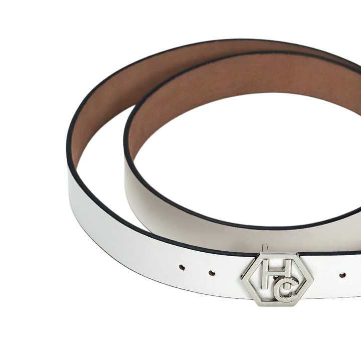 Buckle close-up on women's seamless edge leather belt - white - Hedonist Chicago (1.3")