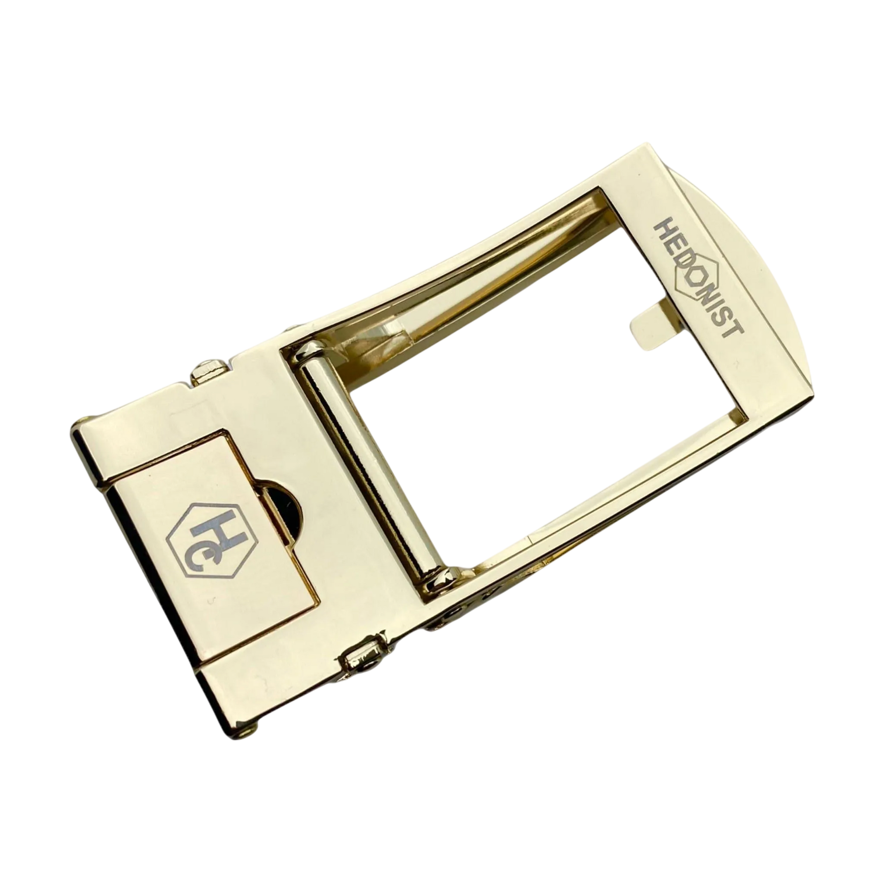 Yellow gold ratchet buckle 1.15 inch angled profile image | Hedonist Chicago