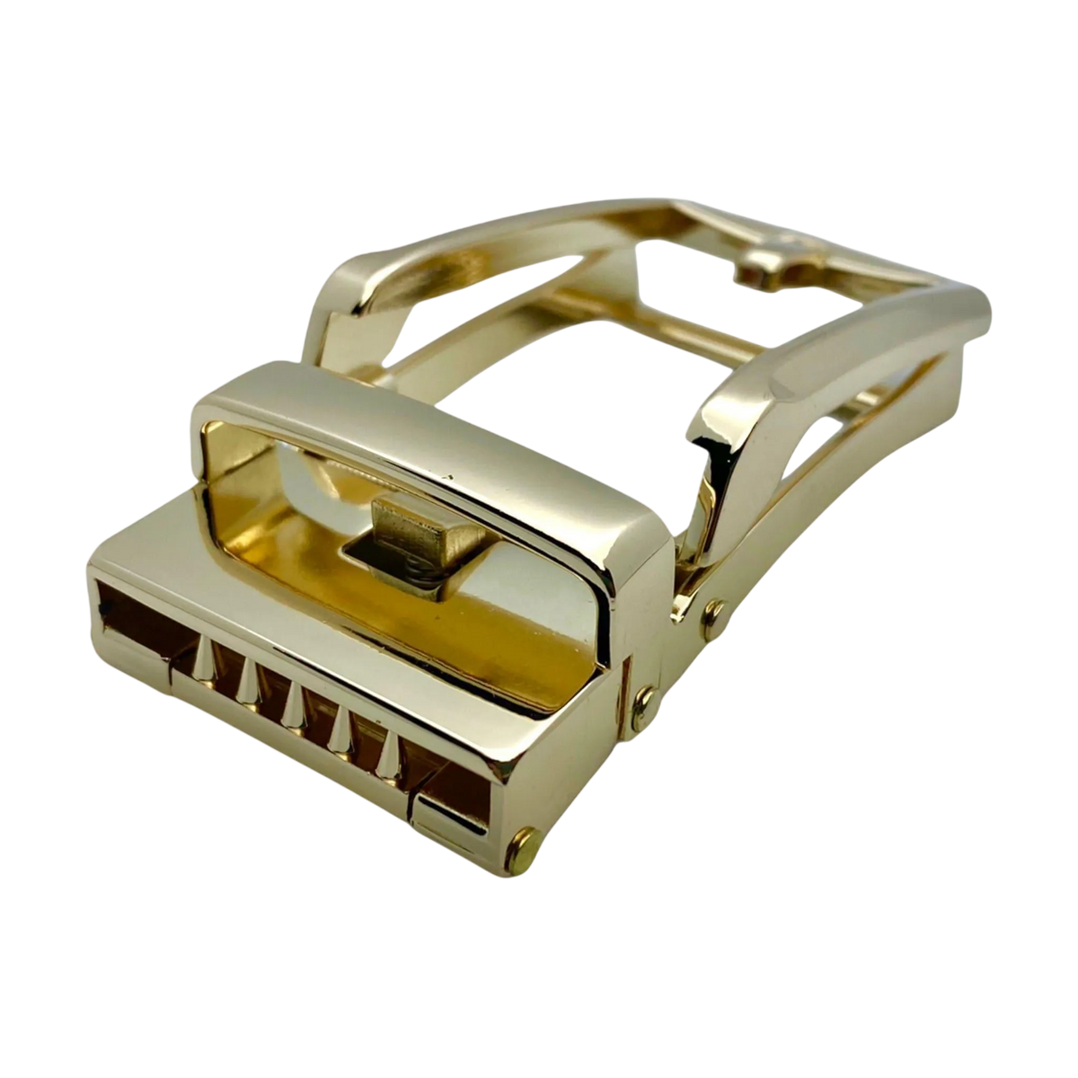 Yellow gold ratchet buckle 1.15 inch side profile view | Hedonist Chicago