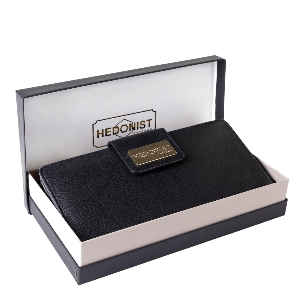 Personalized women's leather wallet with zip-around closure in branded gift box
