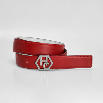Red women's leather belt 1.3", reversible, signature logo buckle, front view | Hedonist Chicago