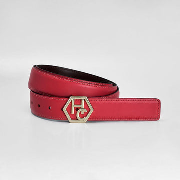 Red women's leather belt 1.3", reversible, signature logo buckle, front view | Hedonist Chicago