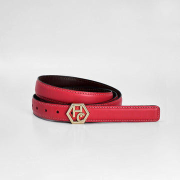 Pink/Red women’s leather belt 1.3″, reversible, signature logo buckle, front view | Hedonist Chicago