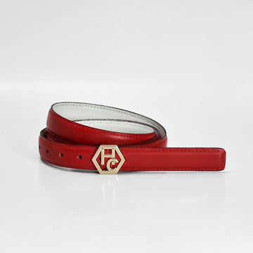 Red women’s leather belt 1″, signature logo buckle, front view | Hedonist Chicago