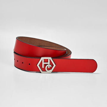 Red women’s leather belt 1.3″, stitch free edge, signature logo buckle, front view | Hedonist Chicago