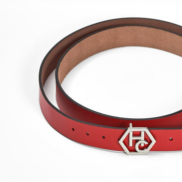 Red women’s leather belt 1″, stitch free edge, signature logo buckle, side view