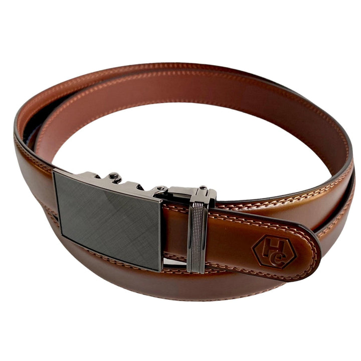 Brown Leather Belt Saffiano Varnish Buckle Side View | Hedonist Chicago