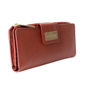Large red pebbled leather travel wallet closed, front flap with gold-tone Hedonist Chicago plaque