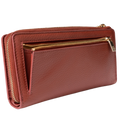 Rear coin zip compartment on the large red pebbled leather travel wallet
