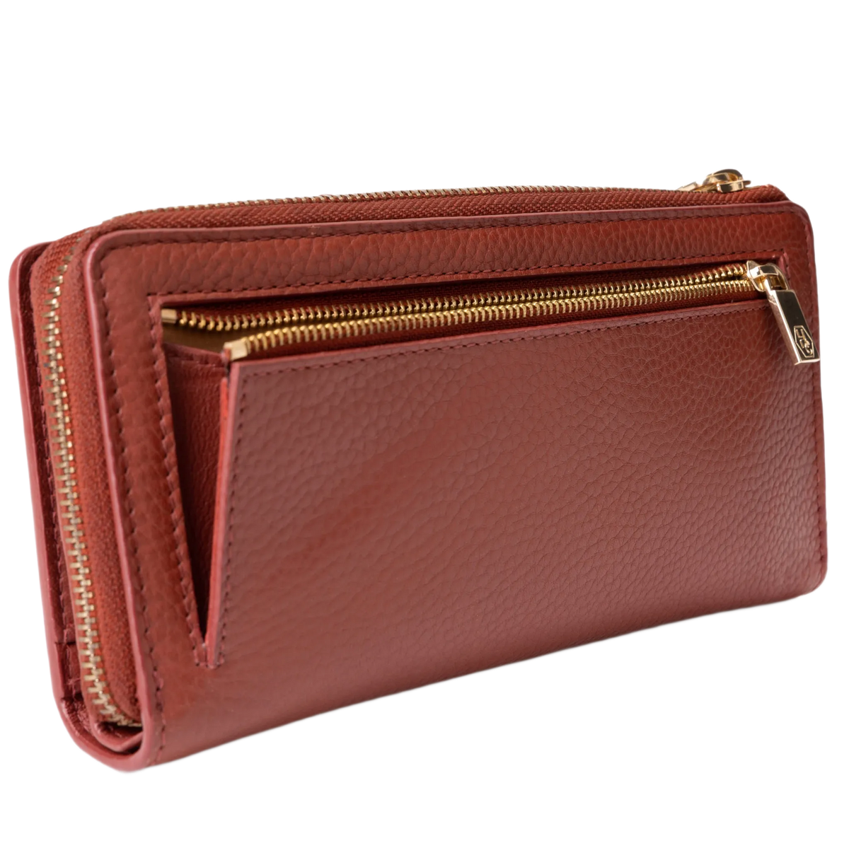 Rear coin zip compartment on the large red pebbled leather travel wallet