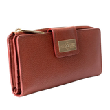 Large red pebbled leather travel wallet front view on white background