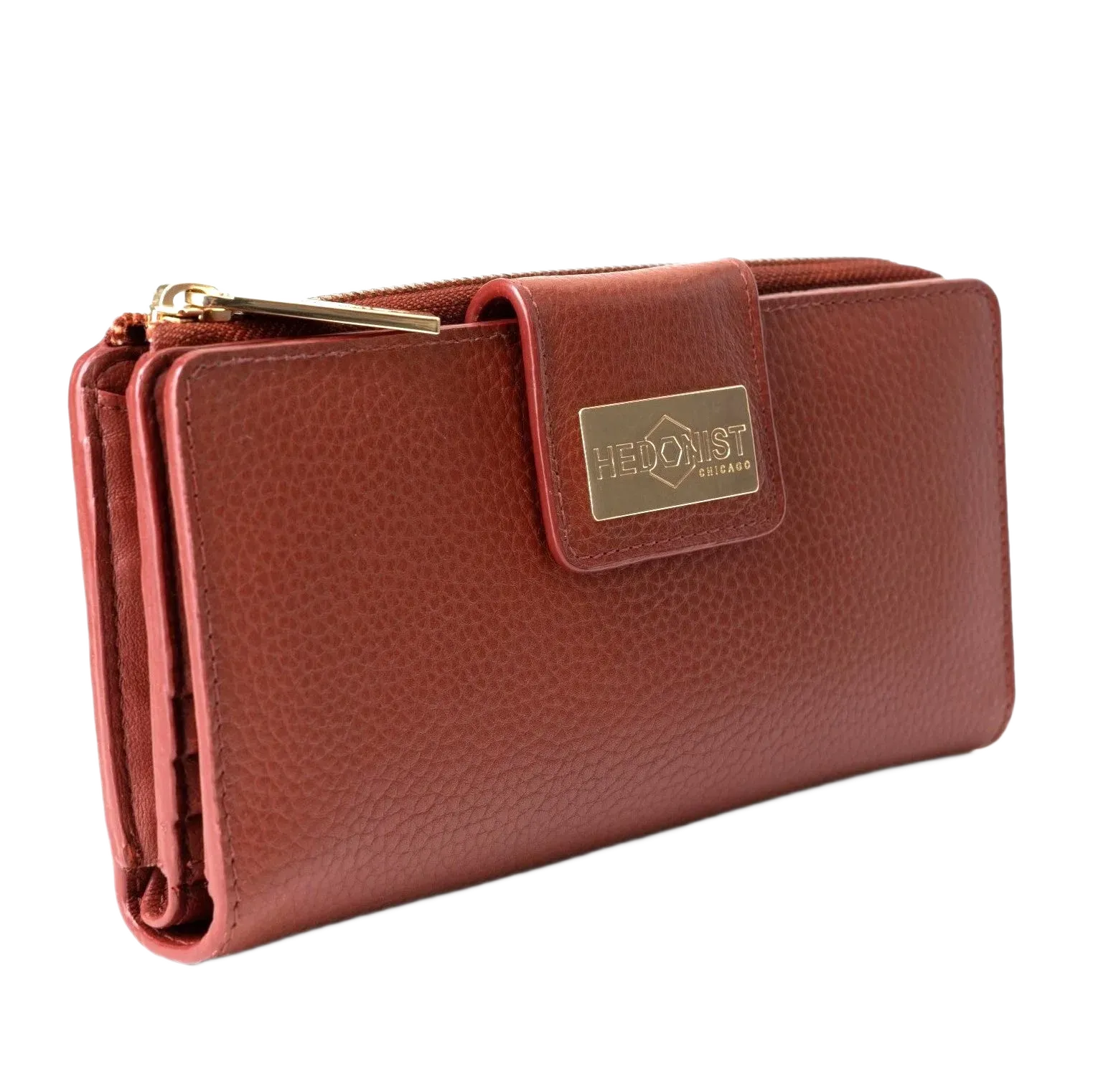 Large red pebbled leather travel wallet front view on white background