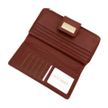 Large red pebbled leather travel wallet open showing ID window and card slots