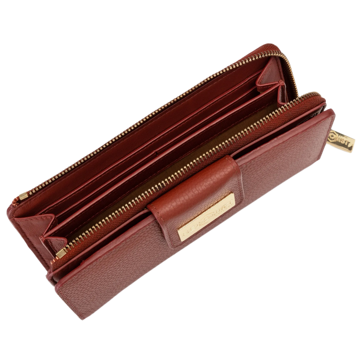 Large red pebbled leather travel wallet open showing zip-around perimeter and interior card slots