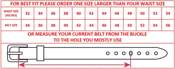 Light brown leather belt strap, 1.15 inch, sizing guide chart