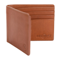 Light brown leather bifold wallet open, close-up of card slots on inner flap