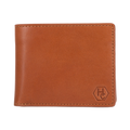A brown leather bi-fold wallet with a debossed 'HC' logo in the bottom right corner, shown on a plain white background.