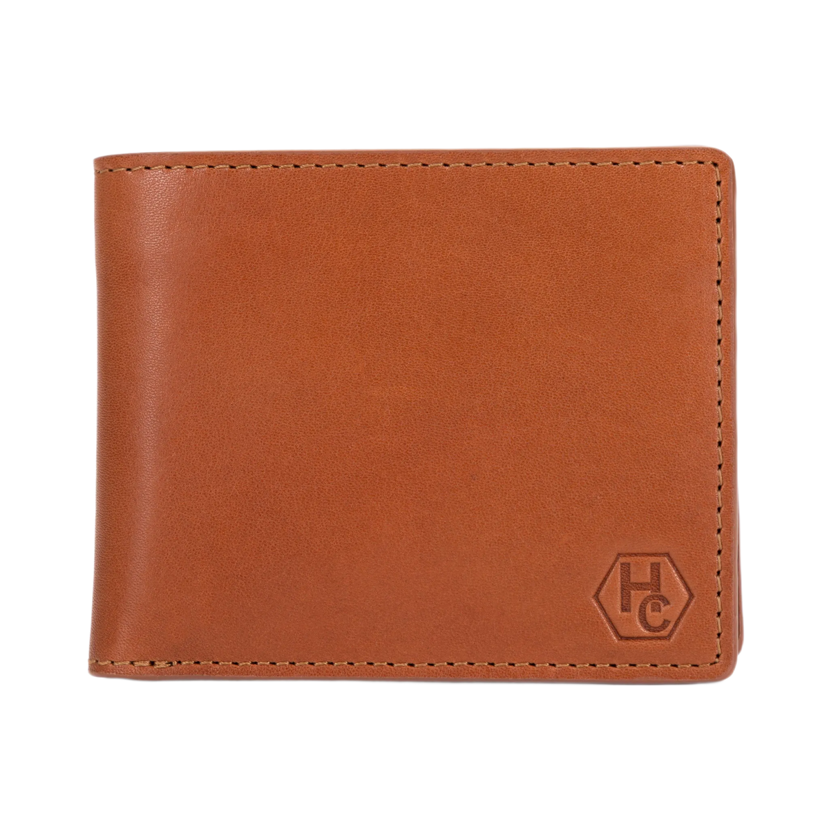 A brown leather bi-fold wallet with a debossed 'HC' logo in the bottom right corner, shown on a plain white background.