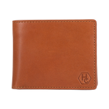 A brown leather bi-fold wallet with a debossed 'HC' logo in the bottom right corner, shown on a plain white background.