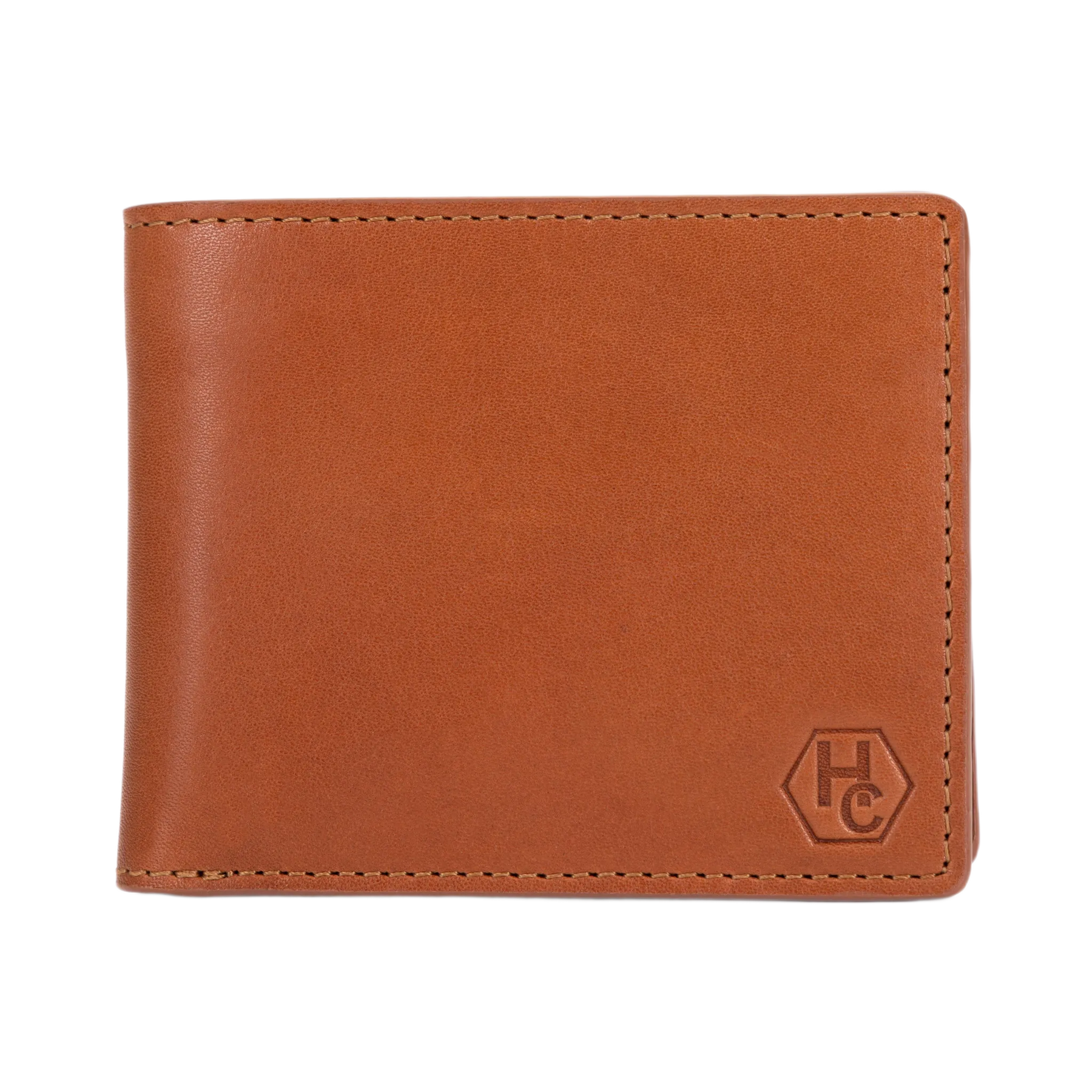 A brown leather bi-fold wallet with a debossed 'HC' logo in the bottom right corner, shown on a plain white background.