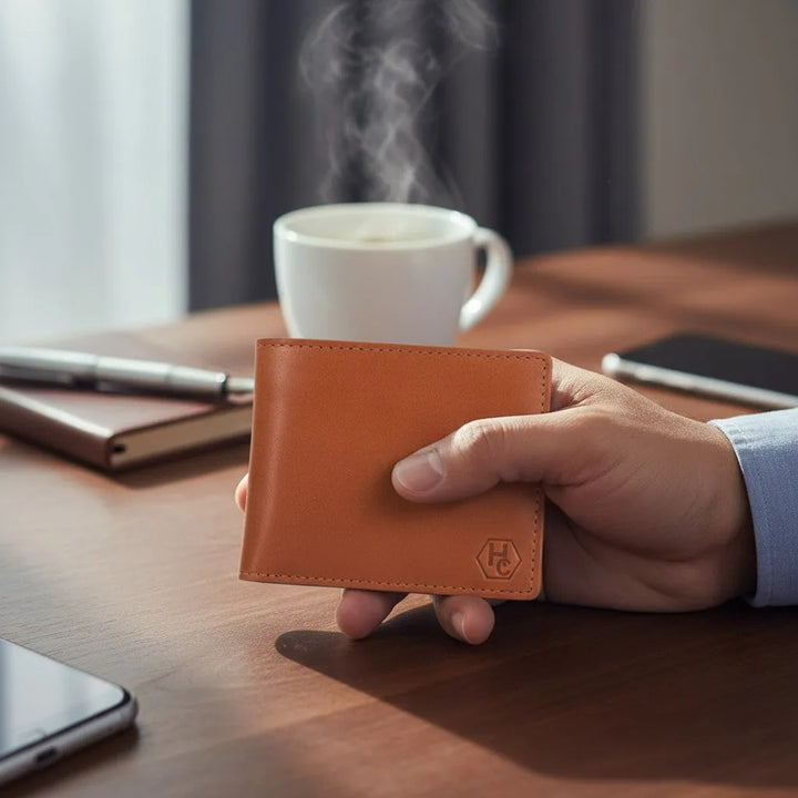 Hand holding a brown leather men's minimalist wallet with a steaming cup of coffee in the background