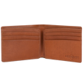 An open brown leather bifold wallet with multiple card slots and an embossed 'HEDONIST' logo on the right interior panel, shown against a plain white background.