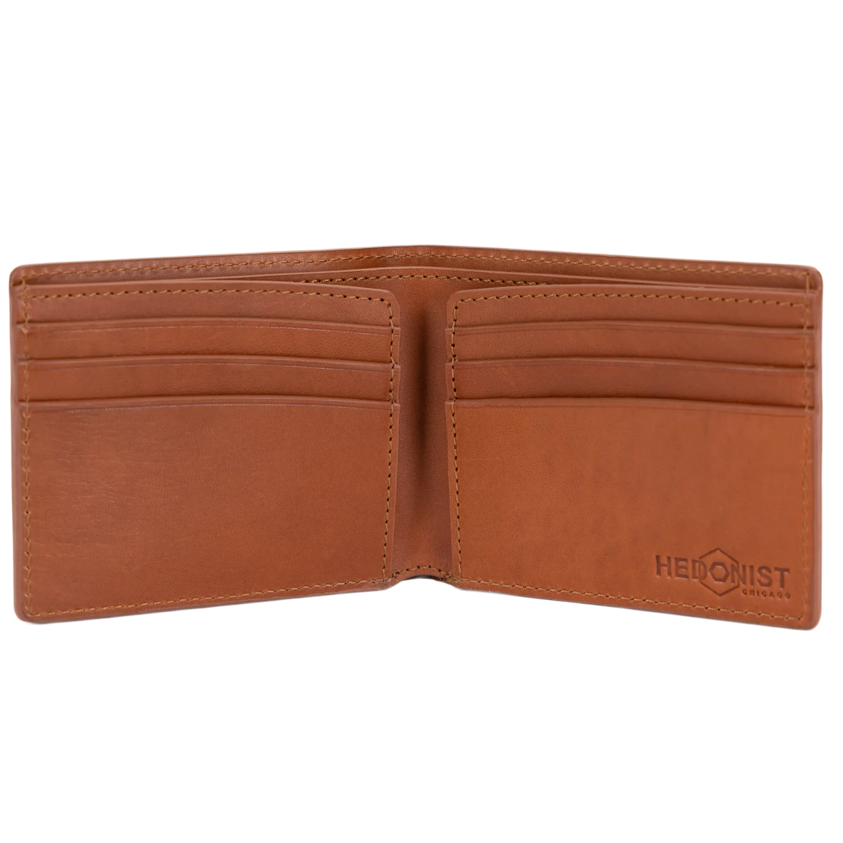 An open brown leather bifold wallet with multiple card slots and an embossed 'HEDONIST' logo on the right interior panel, shown against a plain white background.