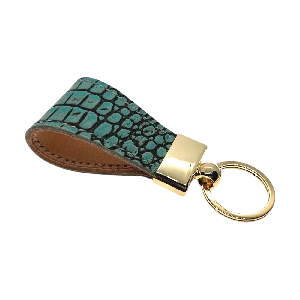 Light green leather key chain, full grain leather, angled view