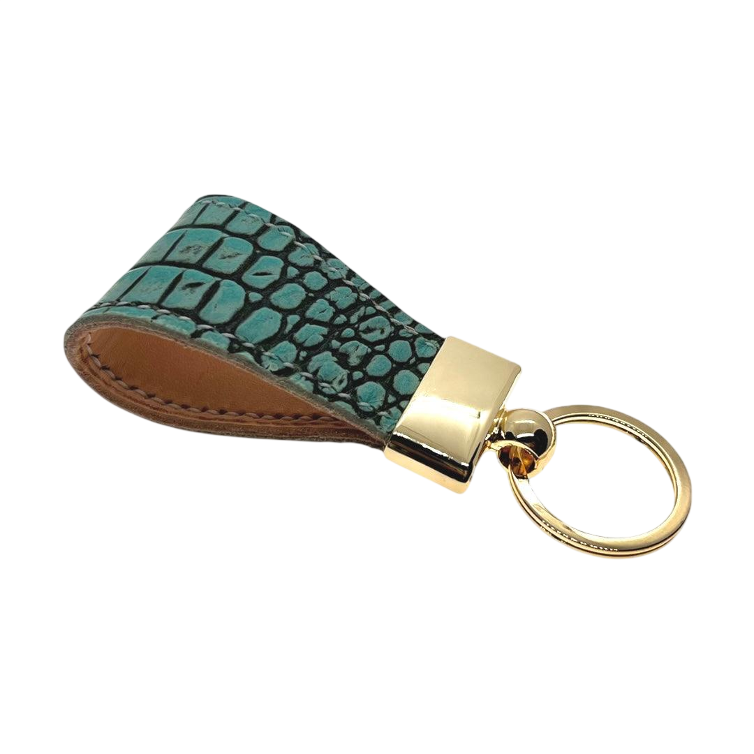 Light green leather key chain, full grain leather, angled view
