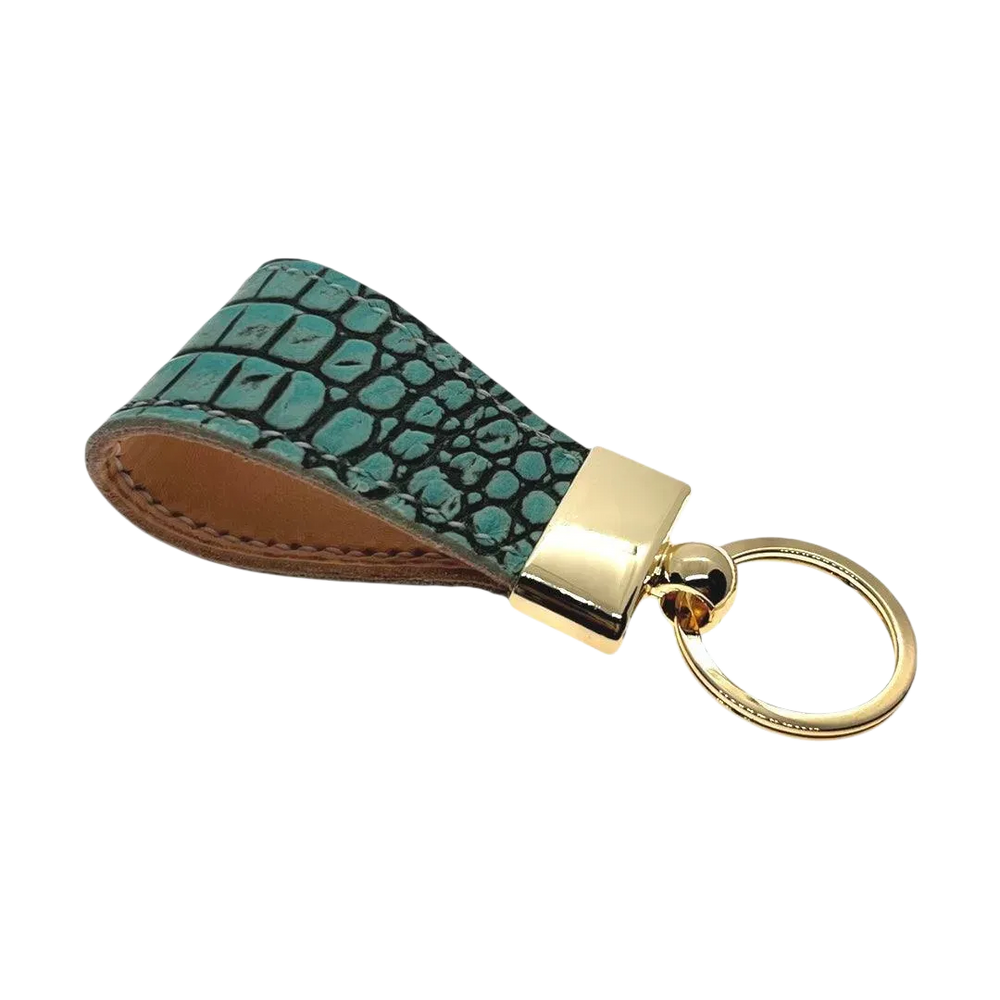 Light green leather key chain, full grain leather, angled view