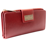 Long red leather wallet closed, front flap with gold-tone Hedonist Chicago plaque