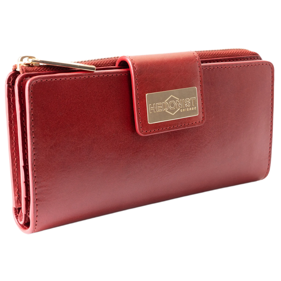 Long red leather wallet closed, front flap with gold-tone Hedonist Chicago plaque