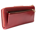 Rear coin zip compartment and front slip pocket on the long red leather wallet