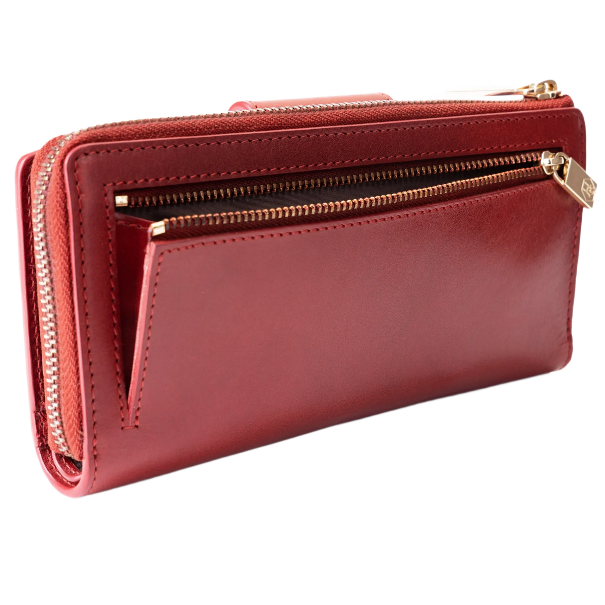 Rear coin zip compartment and front slip pocket on the long red leather wallet
