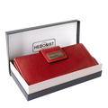 Long red leather wallet presented in Hedonist Chicago branded gift box