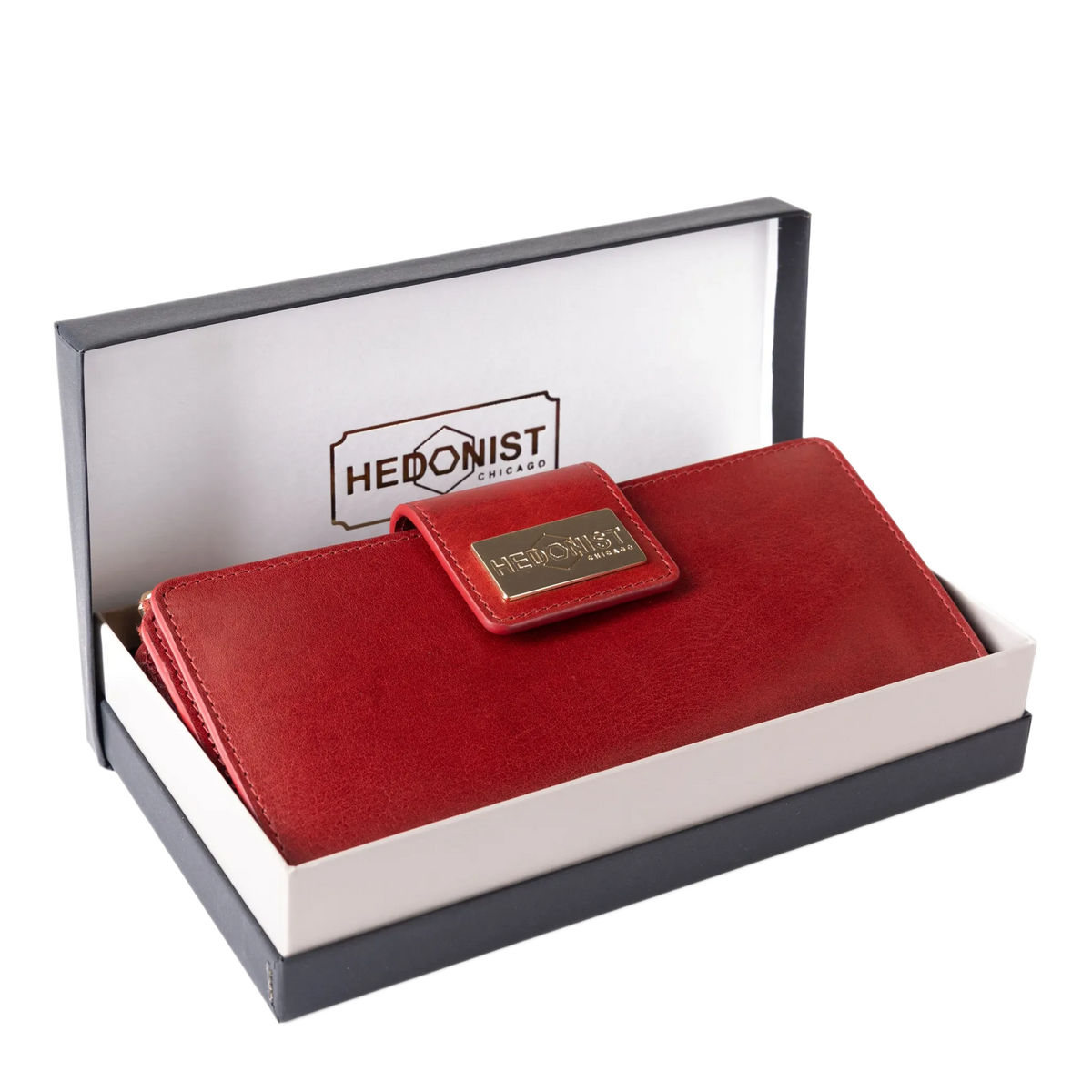 Long red leather wallet presented in Hedonist Chicago branded gift box