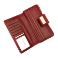 Long red leather wallet open showing ID window and card slots